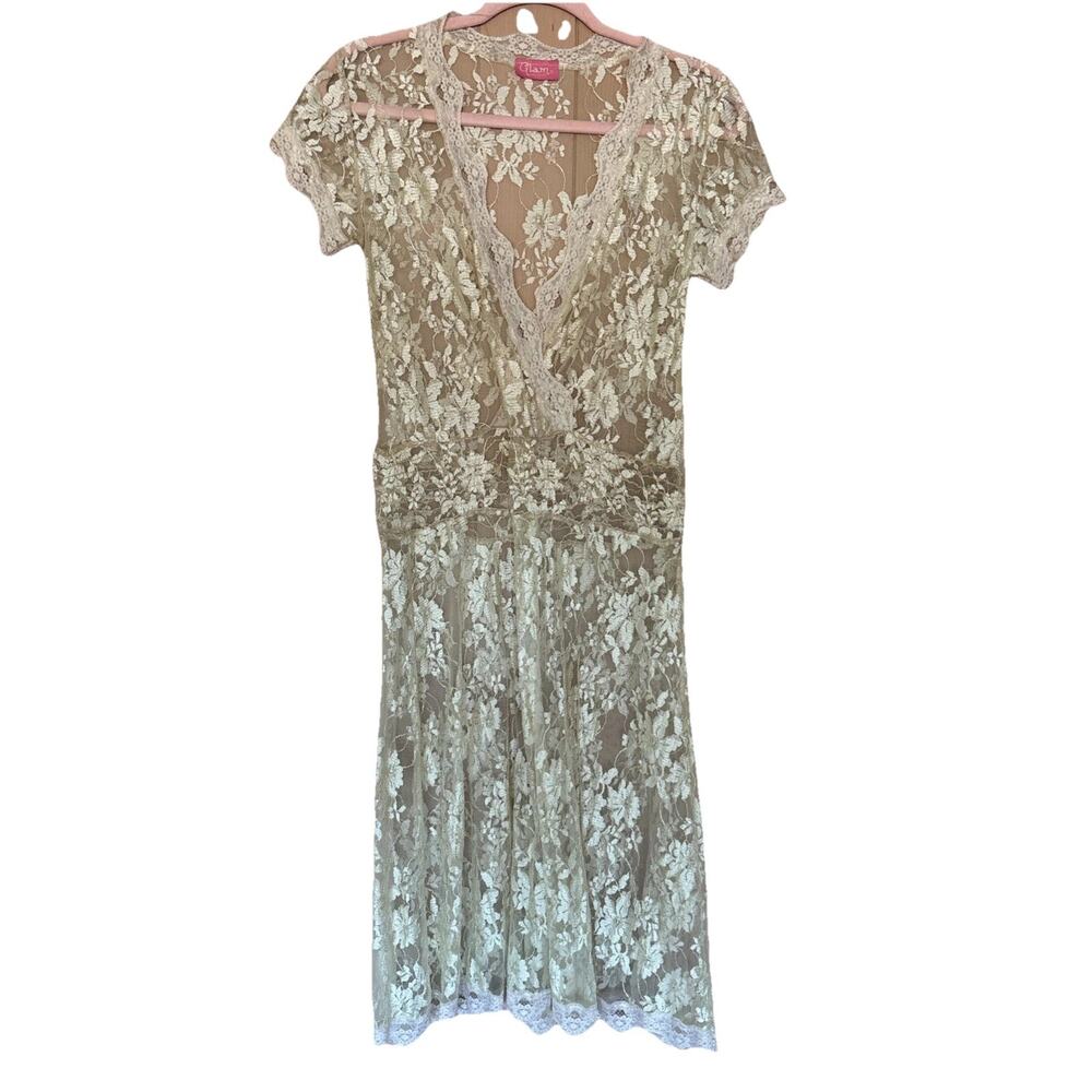 Vintage Glam Ivory Sheer Floral lace Midi dress Sz S Romantic Victorian Fairy